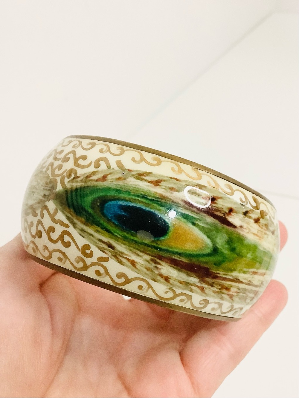 💝 3 For $50 Vintage Peacock Feather Chunky Wide Bangle Hand Painted Bracelet